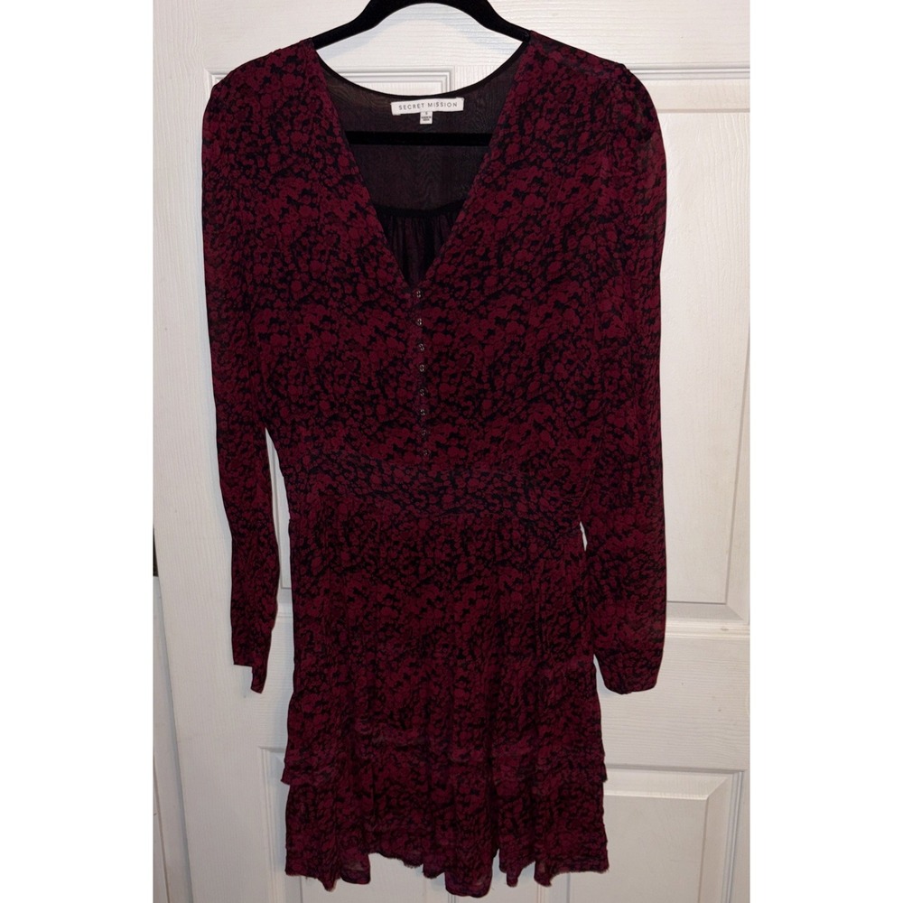 Secret Mission Sz S Red Black Floral Mini Dress Blouson Button Layered Hem